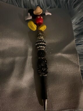 Decorative Black Beaded Character Ballpoint Pen - Black